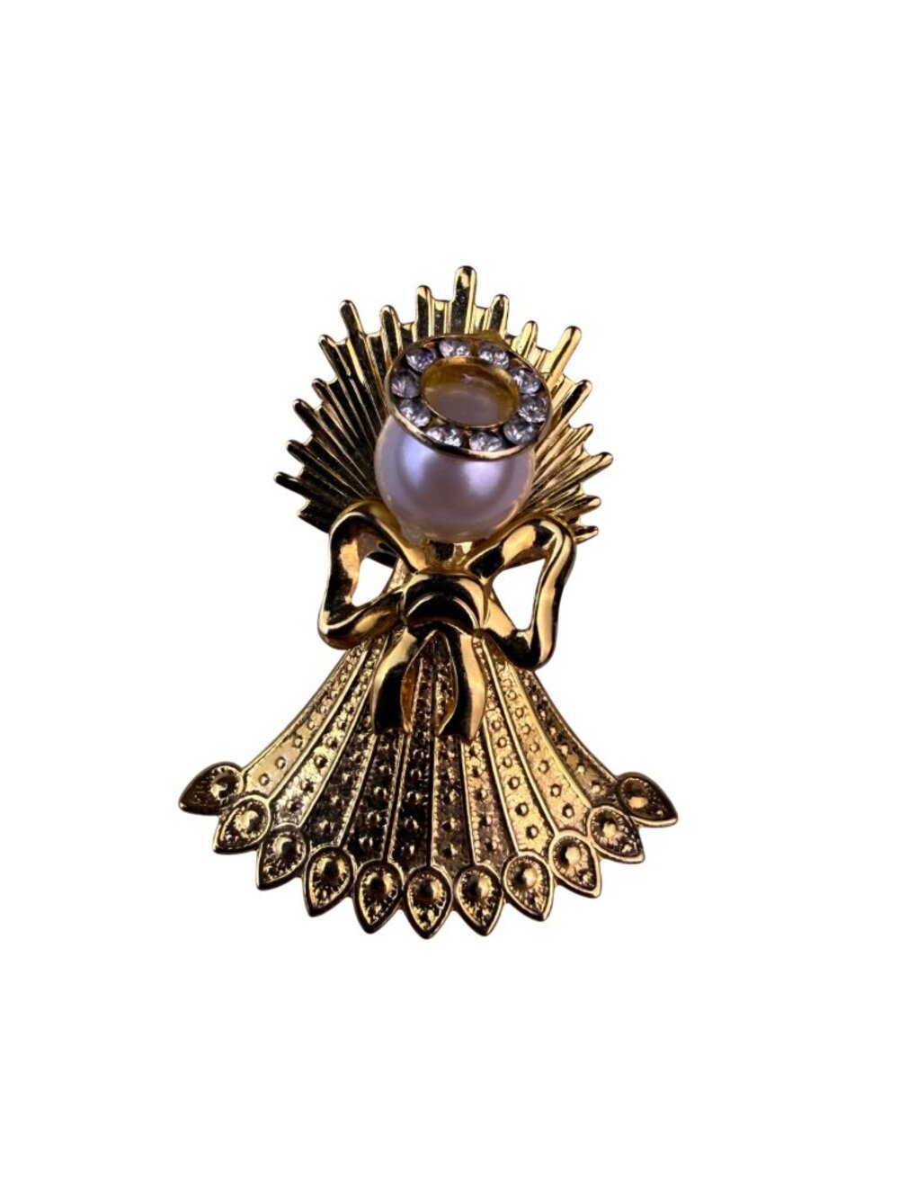 Vintage Gold Tone Angel Brooch Faux Pearl Rhinestone Accents Elegant Accessory